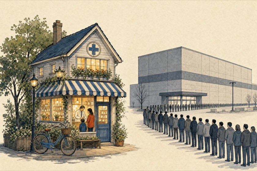 Illustration contrasting a warm small pharmacy storefront with a large gray chain drugstore and a long line