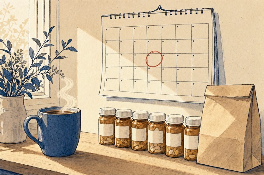 Illustration of a calendar with one day circled in red beside a row of prescription bottles