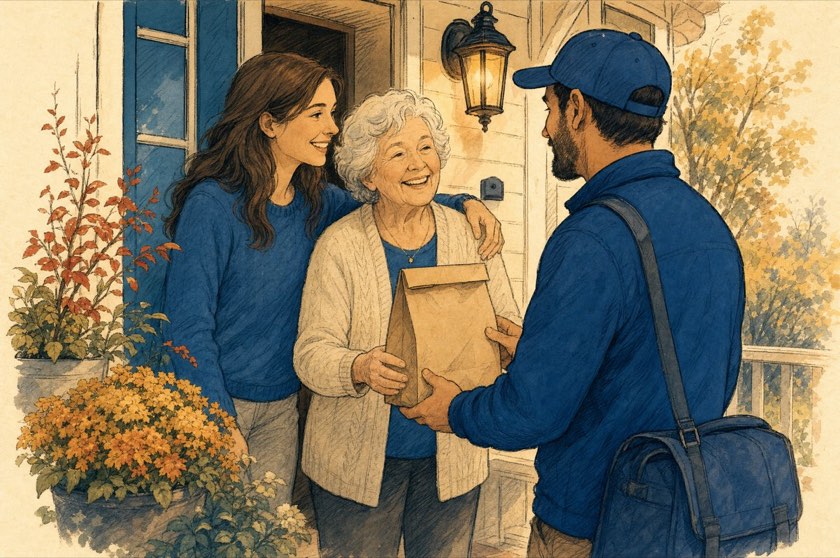 Illustration of a daughter and her elderly mother receiving a pharmacy delivery at their front door
