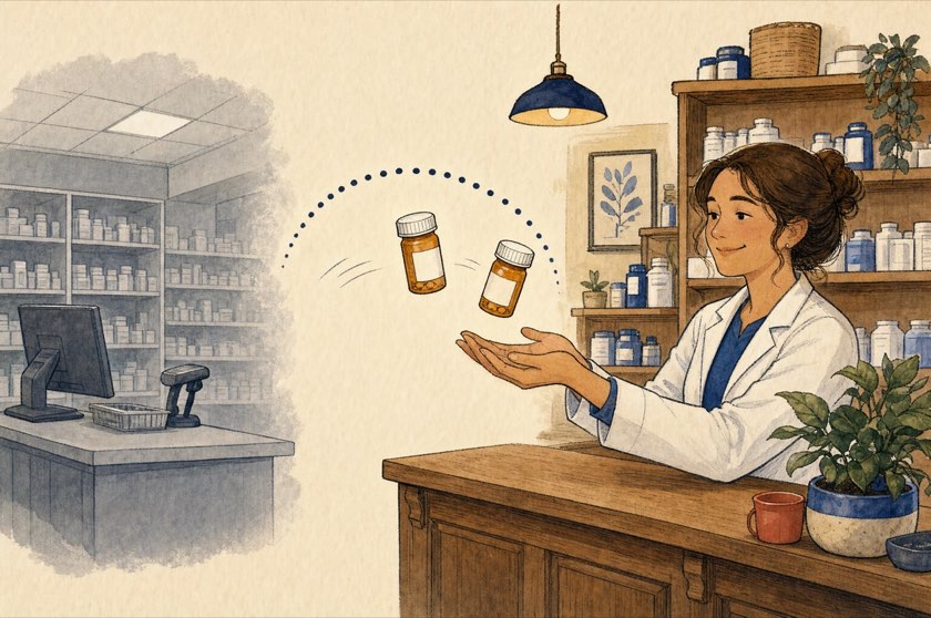 Illustration of prescription bottles arcing from a gray chain pharmacy counter into the hands of a smiling neighborhood pharmacist