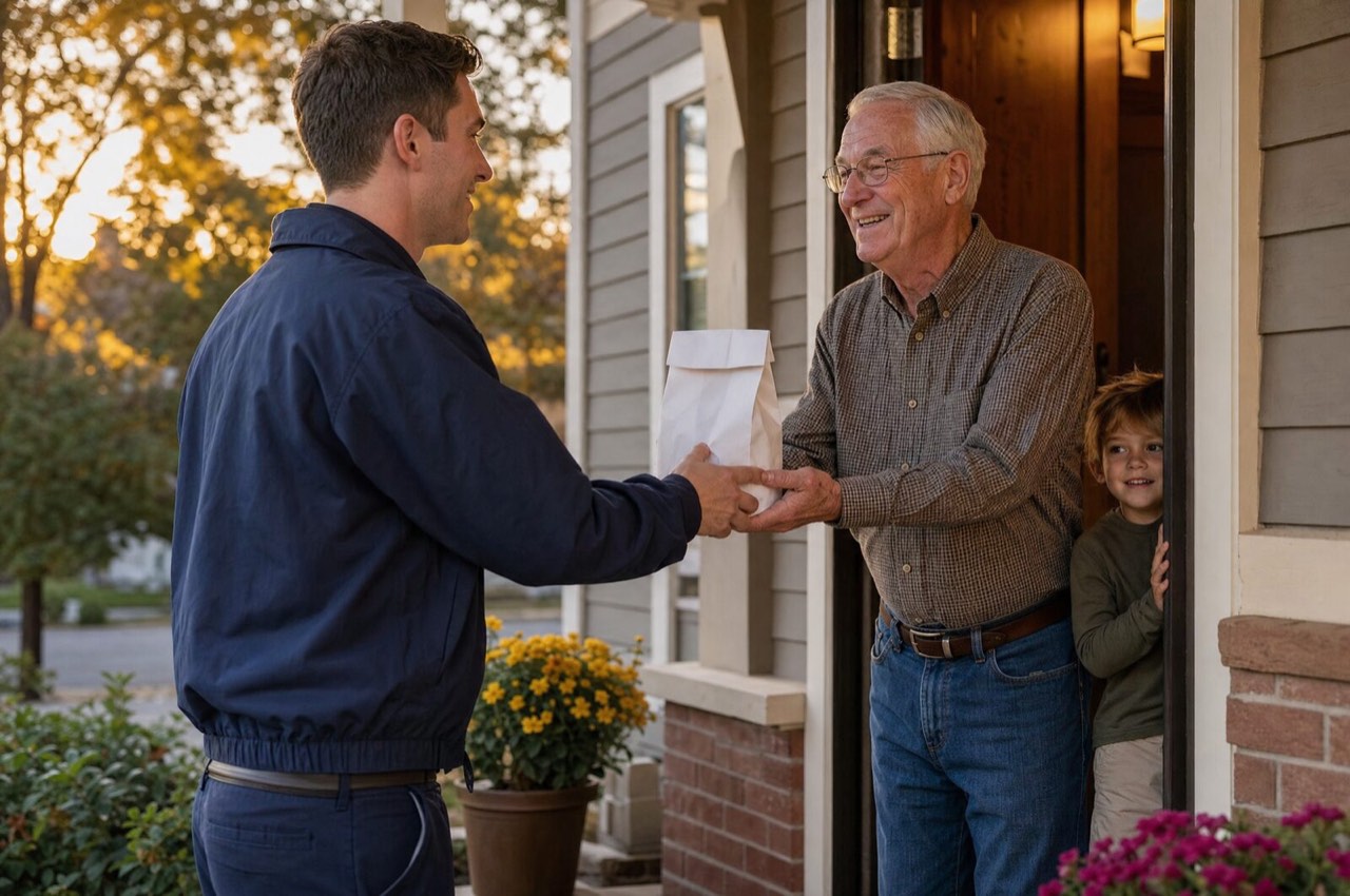 A Palos Pharmacy delivery driver handing a prescription bag to a smiling grandfather at his front door