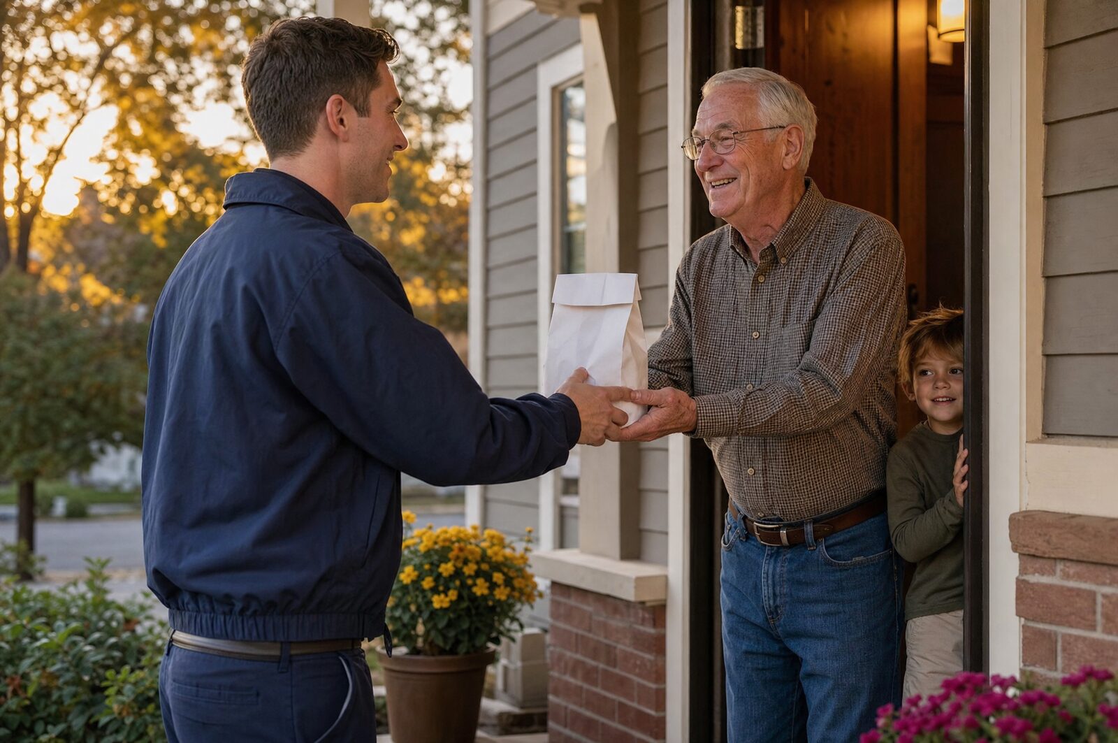 A Palos Pharmacy delivery driver handing a prescription bag to a smiling grandfather at his front door
