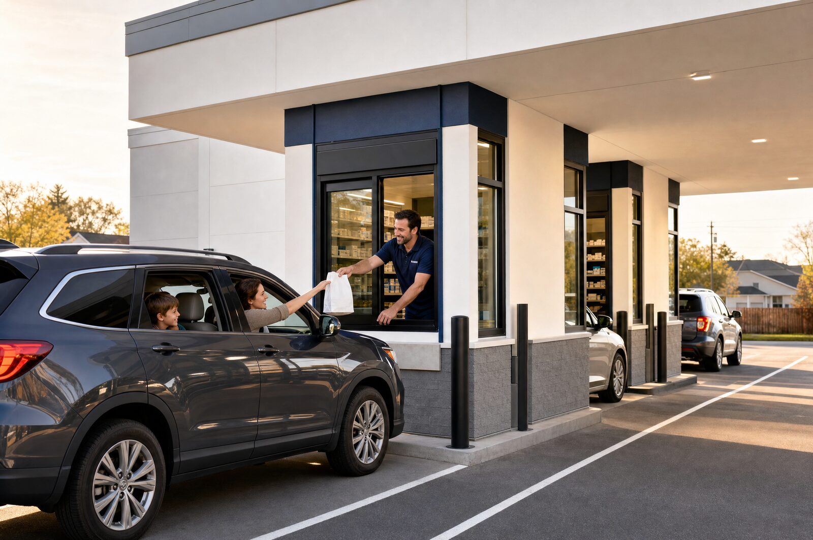 A family in an SUV picking up a prescription at one of Palos Pharmacy's three drive-through lanes