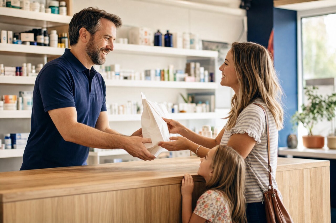 A Palos Pharmacy pharmacist smiling and handing a prescription bag to a mother while her young daughter looks on
