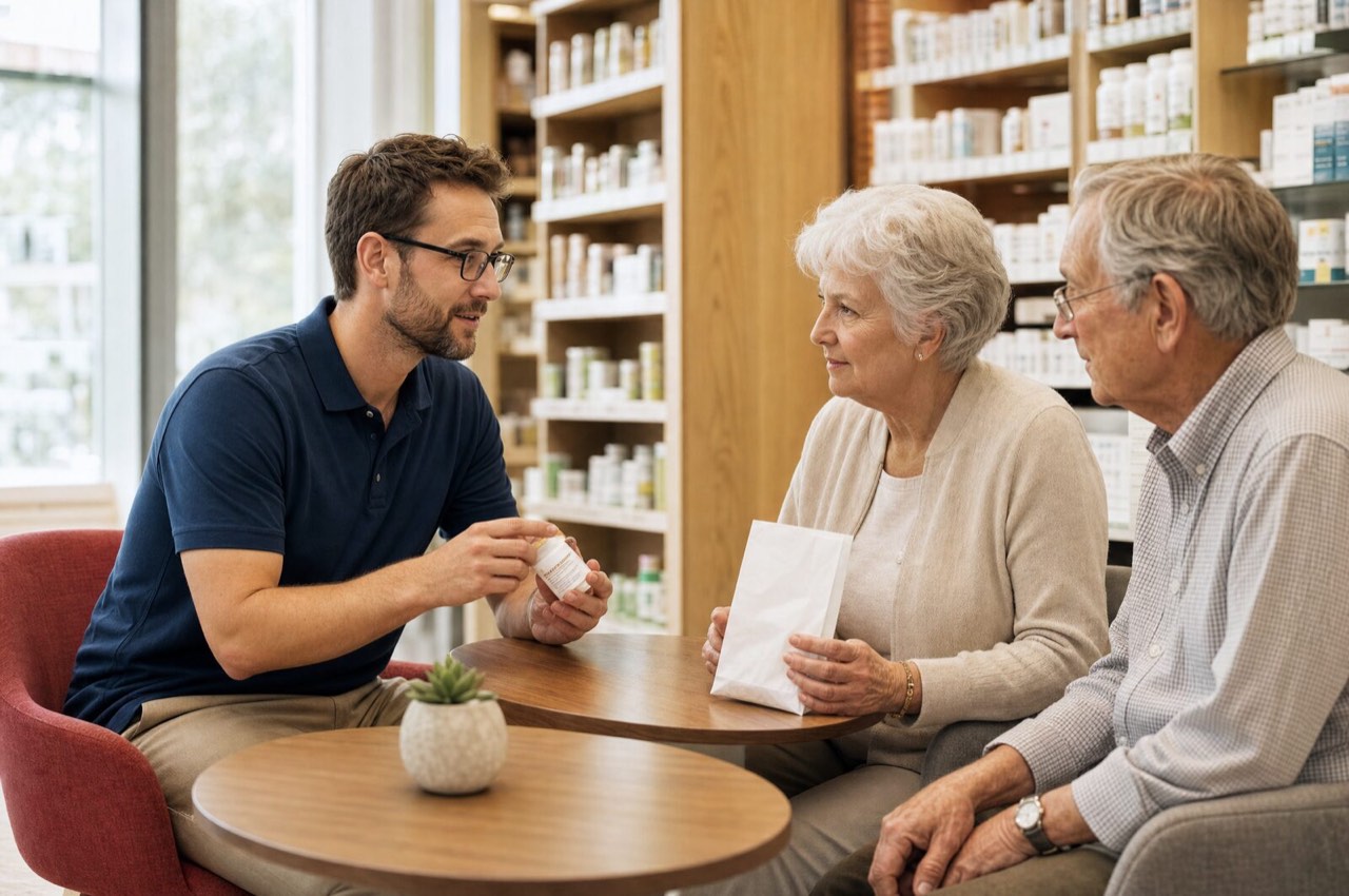 A Palos Pharmacy pharmacist sitting with an elderly couple, taking time to answer their medication questions